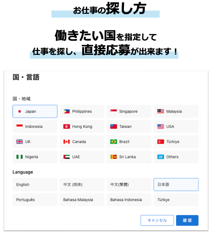 働きたい国を指定して
仕事を探し、直接応募ができます！